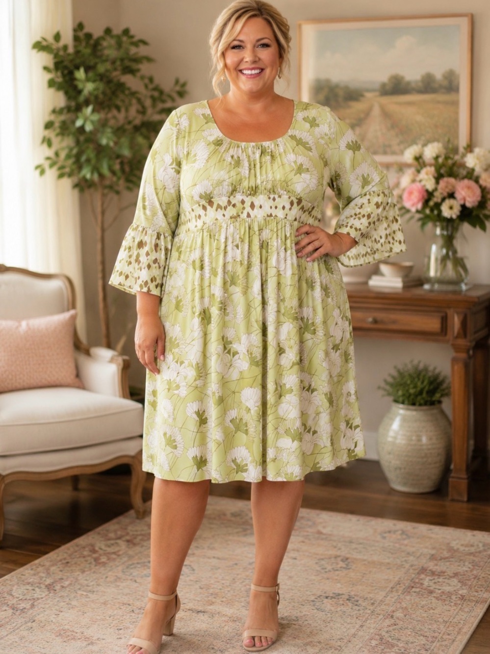 Dress Women’s Size Large Bob Mackie Easter Green Floral Bell Sleeves New w/Tags